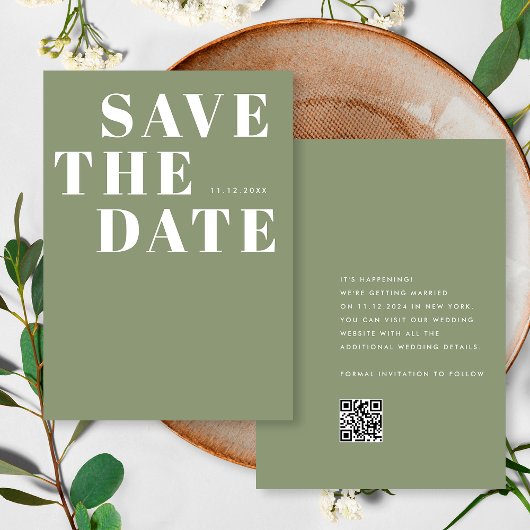 Eenvoudige Saliegroene Minimalistische QR Code Tro Save The Date