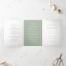 Eenvoudige Saliegroene Monogram Elegante Trouw Drieluik Uitnodiging