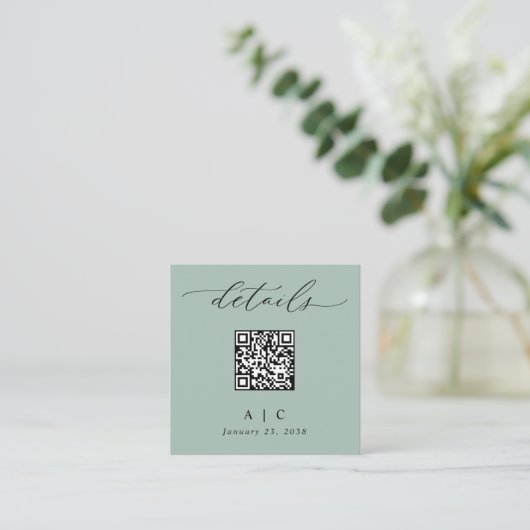 Eenvoudige Saliegroene QR-code Huwelijksdetails Informatiekaartje (Staand voorkant)