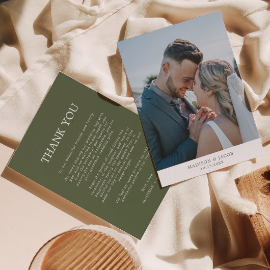 Eenvoudige saliegroene trouwfoto bedankkaart