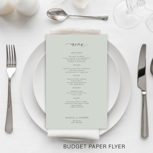 Eenvoudige saliegroene trouwmenu met beperkt budge flyer