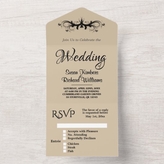 Eenvoudige Sandstone Tri Fold w Rsvp Wedding All In One Uitnodiging (Binnen)