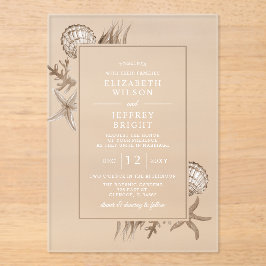 Eenvoudige Sandy Seashells Beach bruiloft Acryl Uitnodigingen