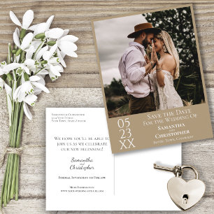 Eenvoudige Sandy Tan Wedding Save the Date Photo Briefkaart