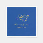 Eenvoudige Sapphire Blue Gold Monogram Script Wedd Servet (Voorkant)