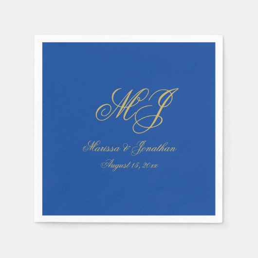 Eenvoudige Sapphire Blue Gold Monogram Script Wedd Servet (Voorkant)
