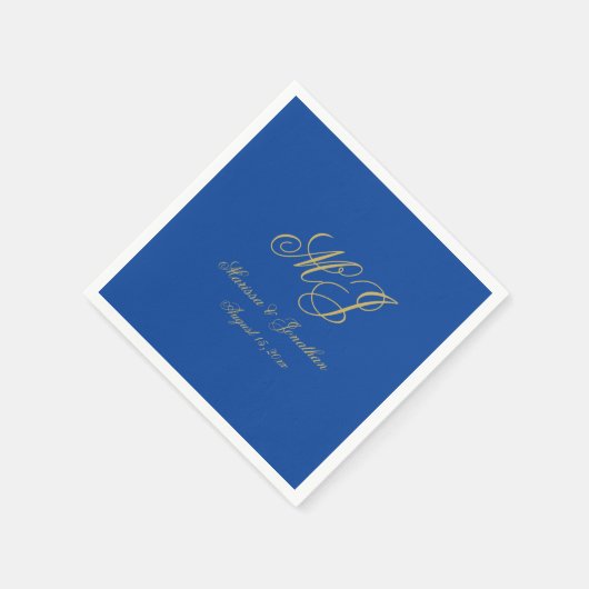 Eenvoudige Sapphire Blue Gold Monogram Script Wedd Servet (Hoek)