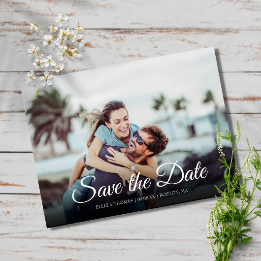 Eenvoudige Save the Date Elegante Scriptie Foto Mo Briefkaart
