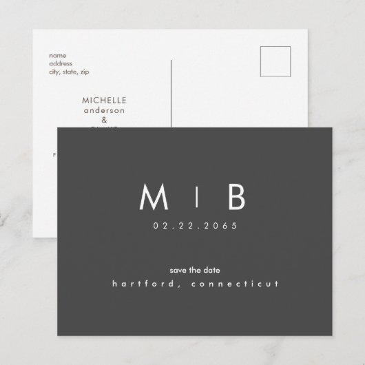 Eenvoudige Save the Date Monogram Houtskool Aankondigingskaart (Voorkant / Achterkant)