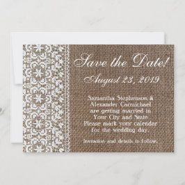 Eenvoudige Save the Date van jute en kant