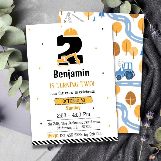 Eenvoudige schattige bouwwagen kinder 2e verjaarda kaart