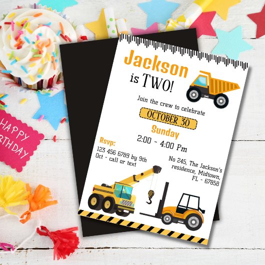Eenvoudige schattige bouwwagen kinder 2e verjaarda kaart