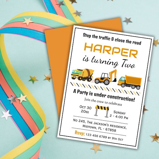 Eenvoudige schattige bouwwagen kinder 2e verjaarda kaart