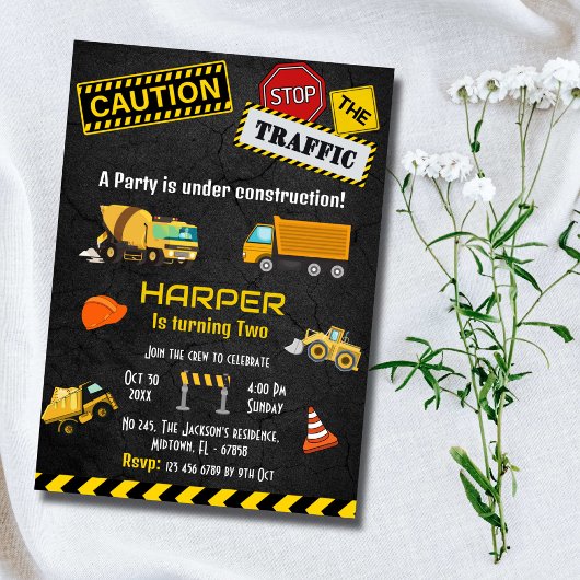 Eenvoudige schattige bouwwagen kinder 2e verjaarda kaart