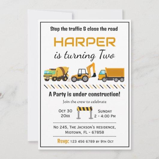 Eenvoudige schattige bouwwagen kinder 2e verjaarda kaart (Voorkant)