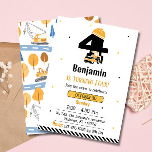 Eenvoudige schattige bouwwagen kinder 4e verjaarda kaart