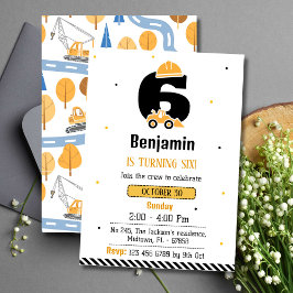 Eenvoudige schattige bouwwagen kinder 6e verjaarda kaart