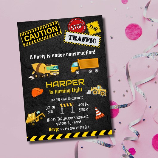 Eenvoudige schattige bouwwagen kinder 8e verjaarda kaart