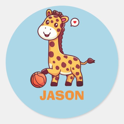Eenvoudige schattige giraf kawaii met basketbal ronde sticker (Voorkant)