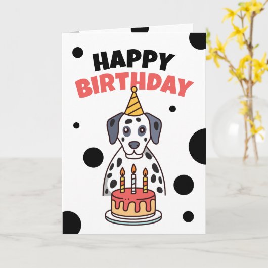 Eenvoudige Schattigee Dalmatische en Cake Verjaard Kaart (Gele Bloem)