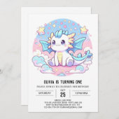 Eenvoudige Schattigee Dragon 1e Verjaardag Kaart (Voorkant / Achterkant)