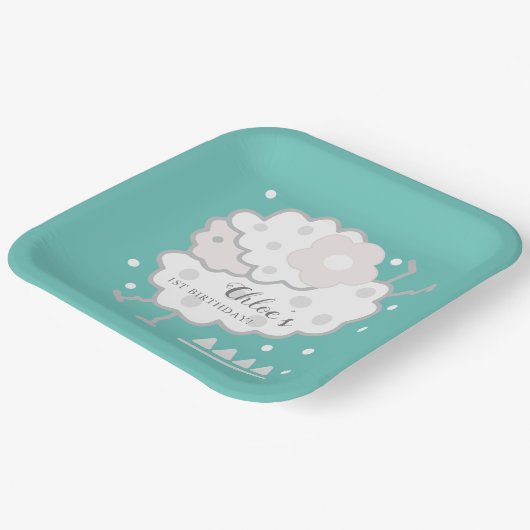 Eenvoudige Schattigee Jumping Lamb Cyaan & Wit 1e  Papieren Bordje (Gebogen)