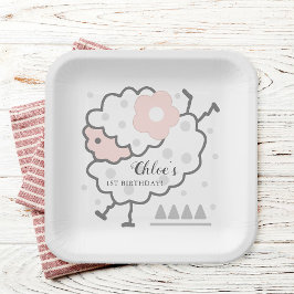 Eenvoudige Schattigee springlam roze & wit 1e verj Papieren Bordje