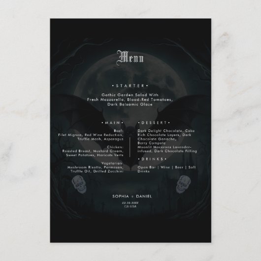 Eenvoudige schedel vleermuizen Victoriaans Gothic  Menu (Voorkant)