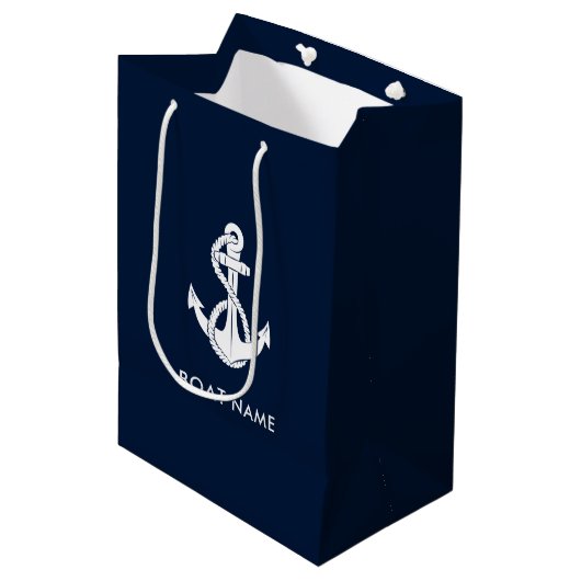 Eenvoudige scheepsanker bootnaam marineblauw medium cadeauzakje (Voorkant Gekanteld)