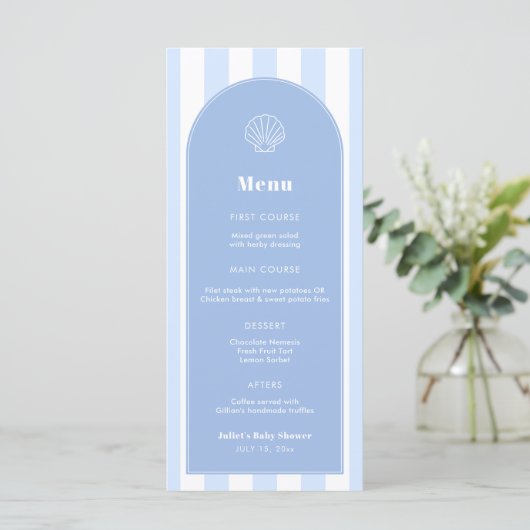 Eenvoudige schelp blauw-wit kustbruiloft menu (Staand voorkant)