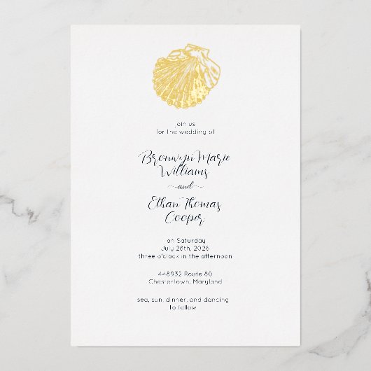 Eenvoudige Schelp Seashell en Deep Pruisisch Blauw Folie Uitnodiging (Voorkant)