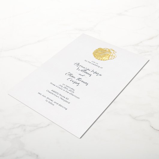 Eenvoudige Schelp Seashell en Deep Pruisisch Blauw Folie Uitnodiging (Gedraaid)