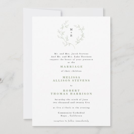 Eenvoudige Schets Krans Monogram Sage Green Weddin Kaart (Voorkant)