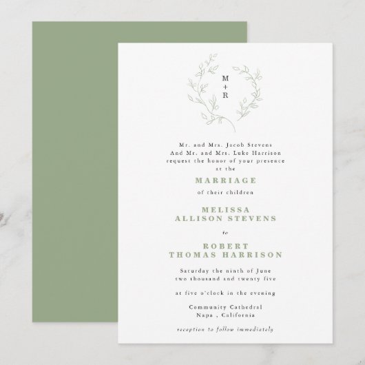 Eenvoudige Schets Krans Monogram Sage Green Weddin Kaart (Voorkant / Achterkant)