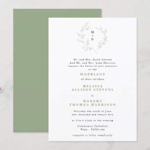 Eenvoudige Schets Krans Monogram Sage Green Weddin Kaart