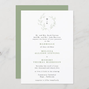 Eenvoudige schets met Monogram Sage Green Wedding  Kaart