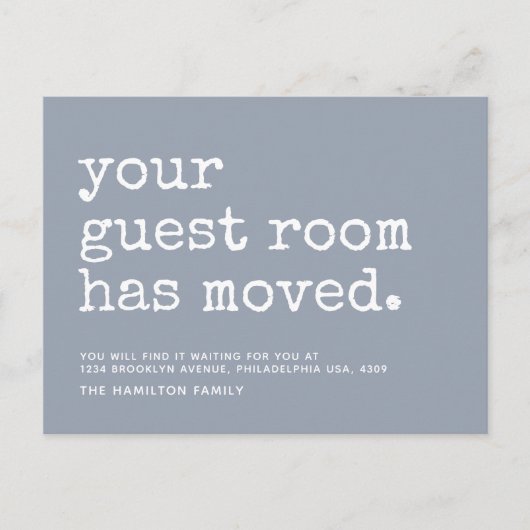 Eenvoudige schrijfmachine Uw gastruimte is verplaa Aankondigingskaart (Voorkant)