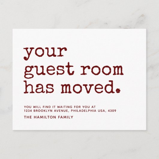 Eenvoudige schrijfmachine Uw gastruimte is verplaa Aankondigingskaart (Voorkant)