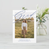 Eenvoudige Script Blue Photo Afstuderen Aankondigi Kaart (Staand voorkant)