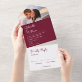 Eenvoudige Script Burgundy Monogram Foto Bruiloft All In One Uitnodiging (Afscheurbaar)