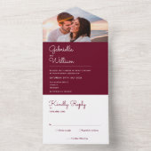 Eenvoudige Script Burgundy Monogram Foto Bruiloft All In One Uitnodiging (Binnen)