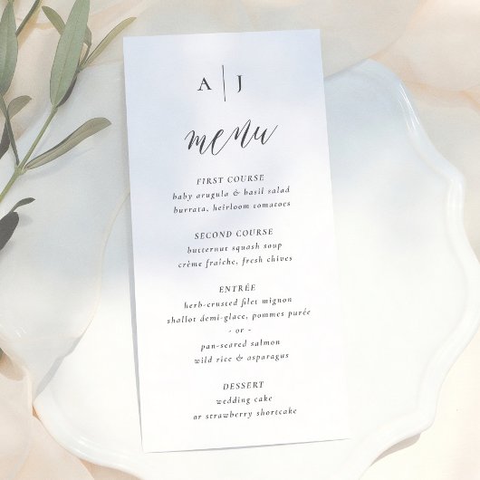 Eenvoudige Script Calligrafie Monogram Trouwfeest Menu