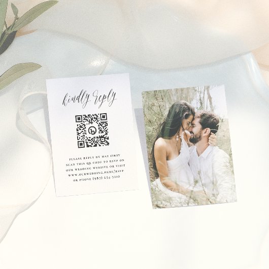 Eenvoudige Script Foto QR Code Wedding RSVP Informatiekaartje