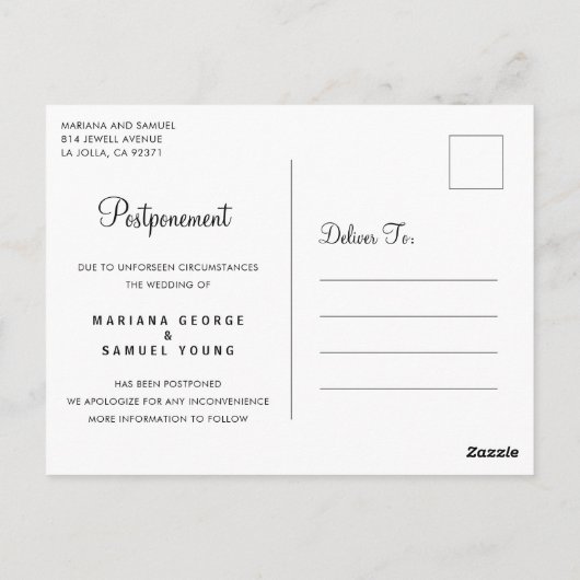 Eenvoudige script huwelijksuitstel aankondiging briefkaart (Achterkant)