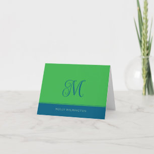 Eenvoudige Script Monogram Groene en Blauwe Notiti Bedankkaart