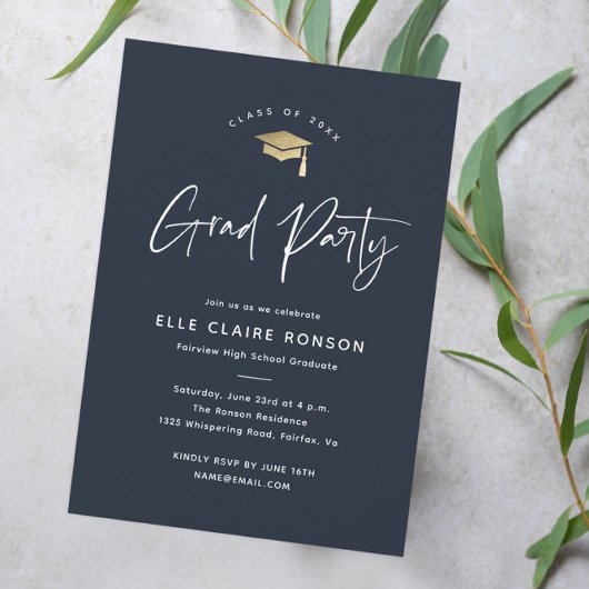 Eenvoudige script Navy Blue afstudeerfeest Kaart