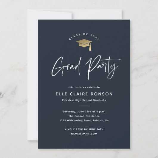 Eenvoudige Script Navy Blue Graduation Party Kaart (Voorkant)