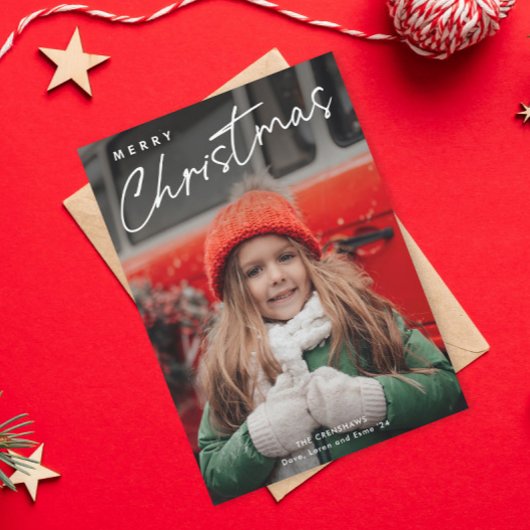 Eenvoudige Script Prettig Kerstfeest 3 Foto Feestdagenkaart