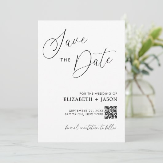 Eenvoudige Script QR Code Foto Bruiloft Save The Date (Staand voorkant)