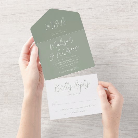 Eenvoudige Script Sage Green Wedding All In One Uitnodiging (Afscheurbaar)